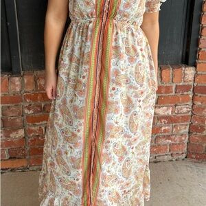 Border Print Tie V-Neck Maxi Dress size small NWT